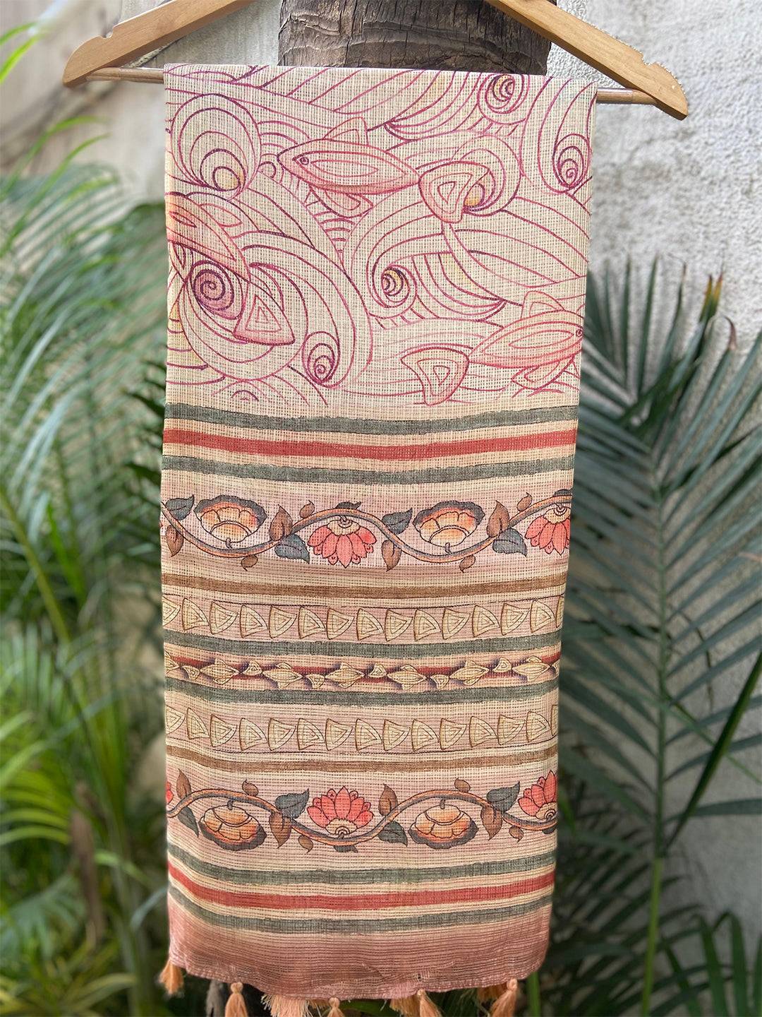Peach Soft Kota Doriya Silk Saree With Flower Kalamkari Print