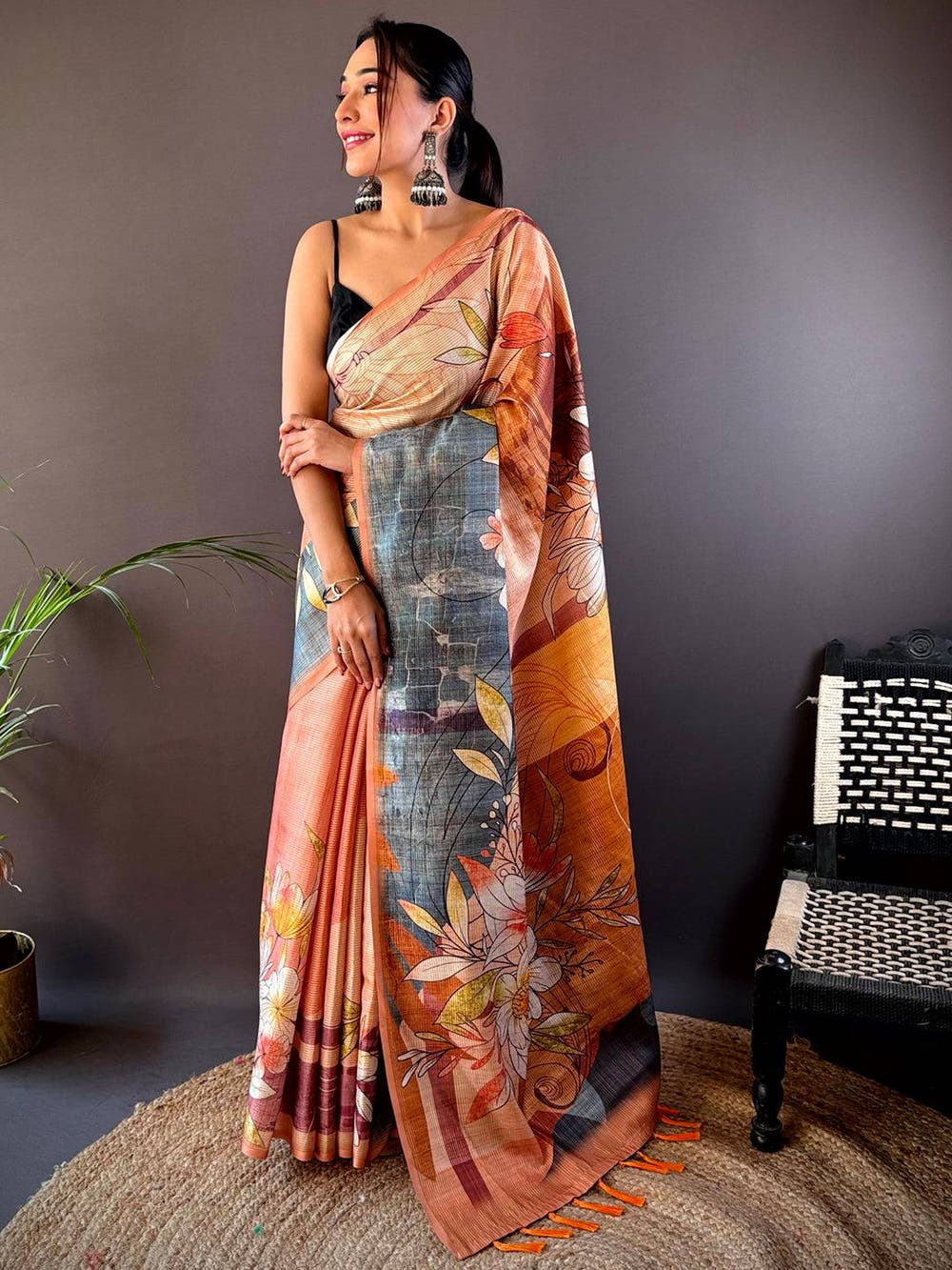 Light Orange Semi Zari Tussar Floral Saree