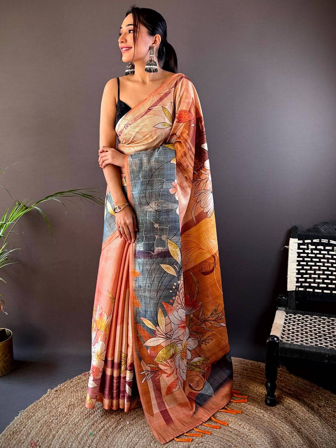Light Orange Semi Zari Tussar Floral Saree