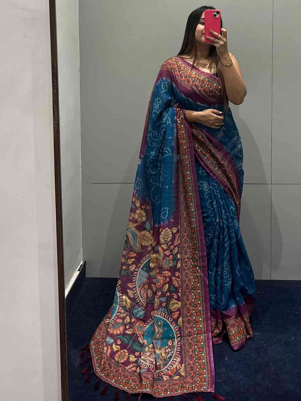 Blue Colour Design Linen Saree with Bandhej and kalamkari Digital Print