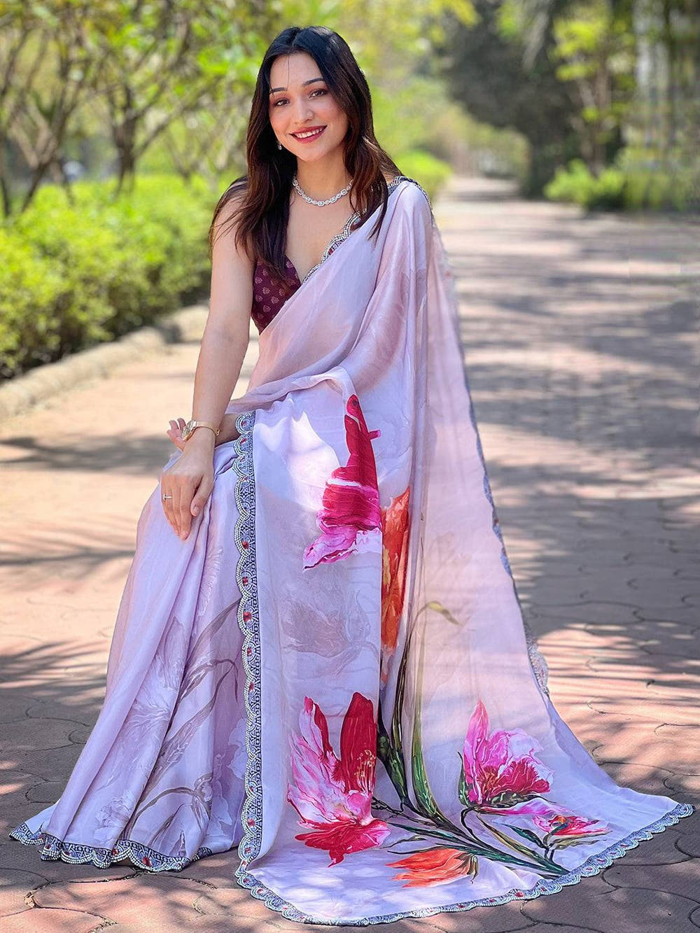 Grey Satin Georgette Floral Print Saree