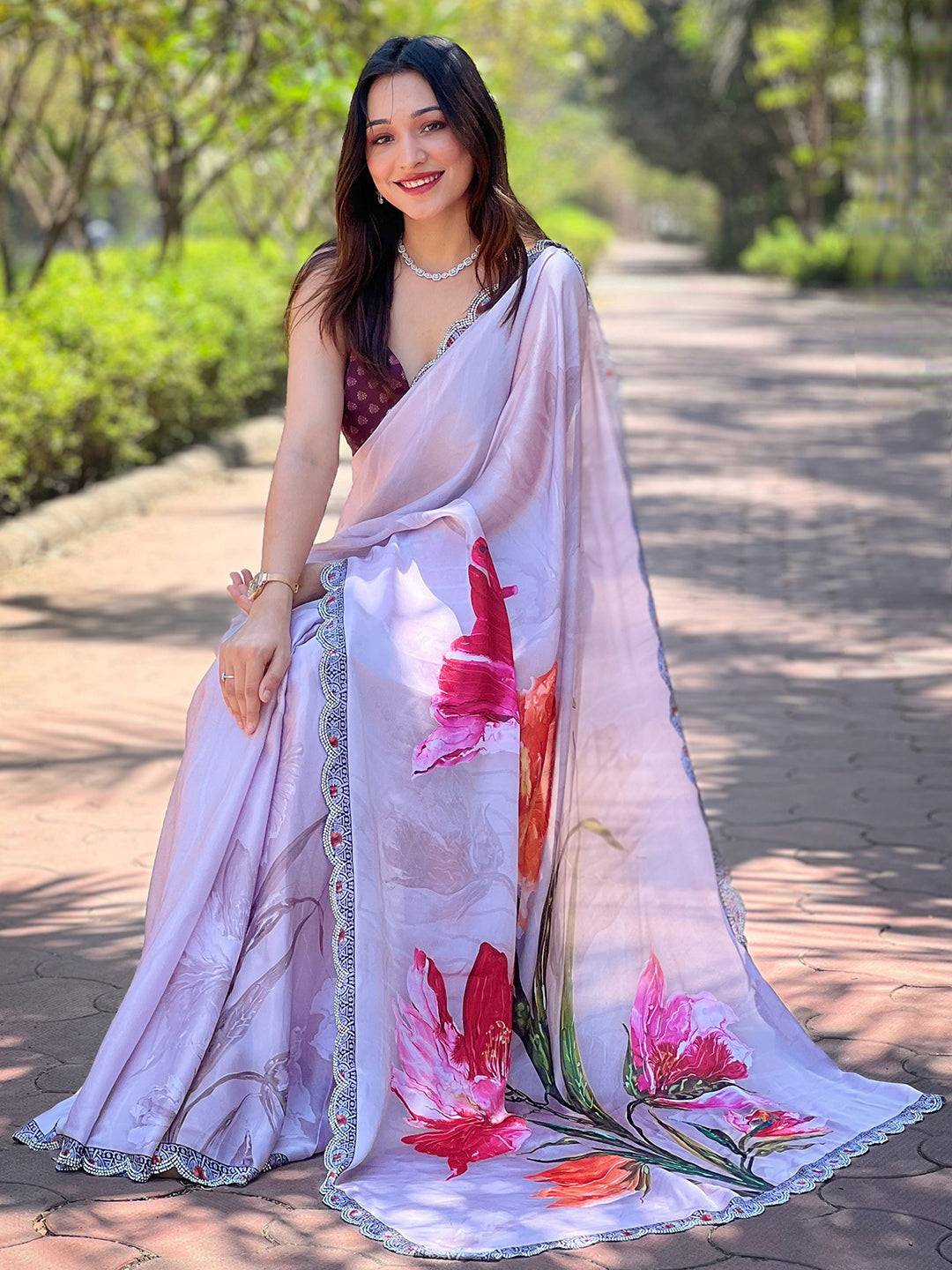 Grey Satin Georgette Floral Print Saree