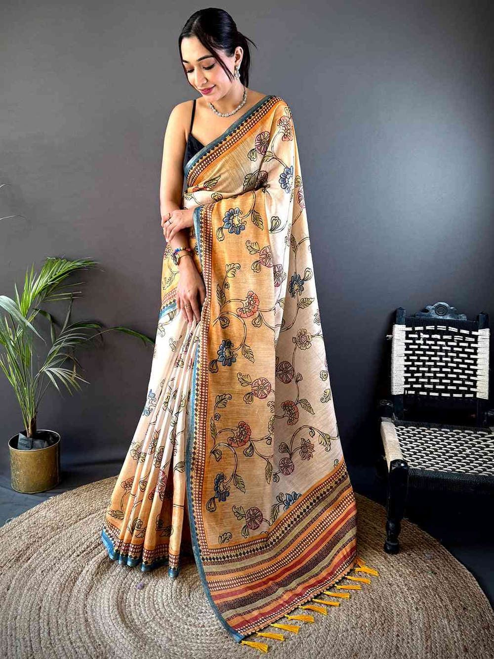 Radiant Orange Zari Tussar Floral Saree