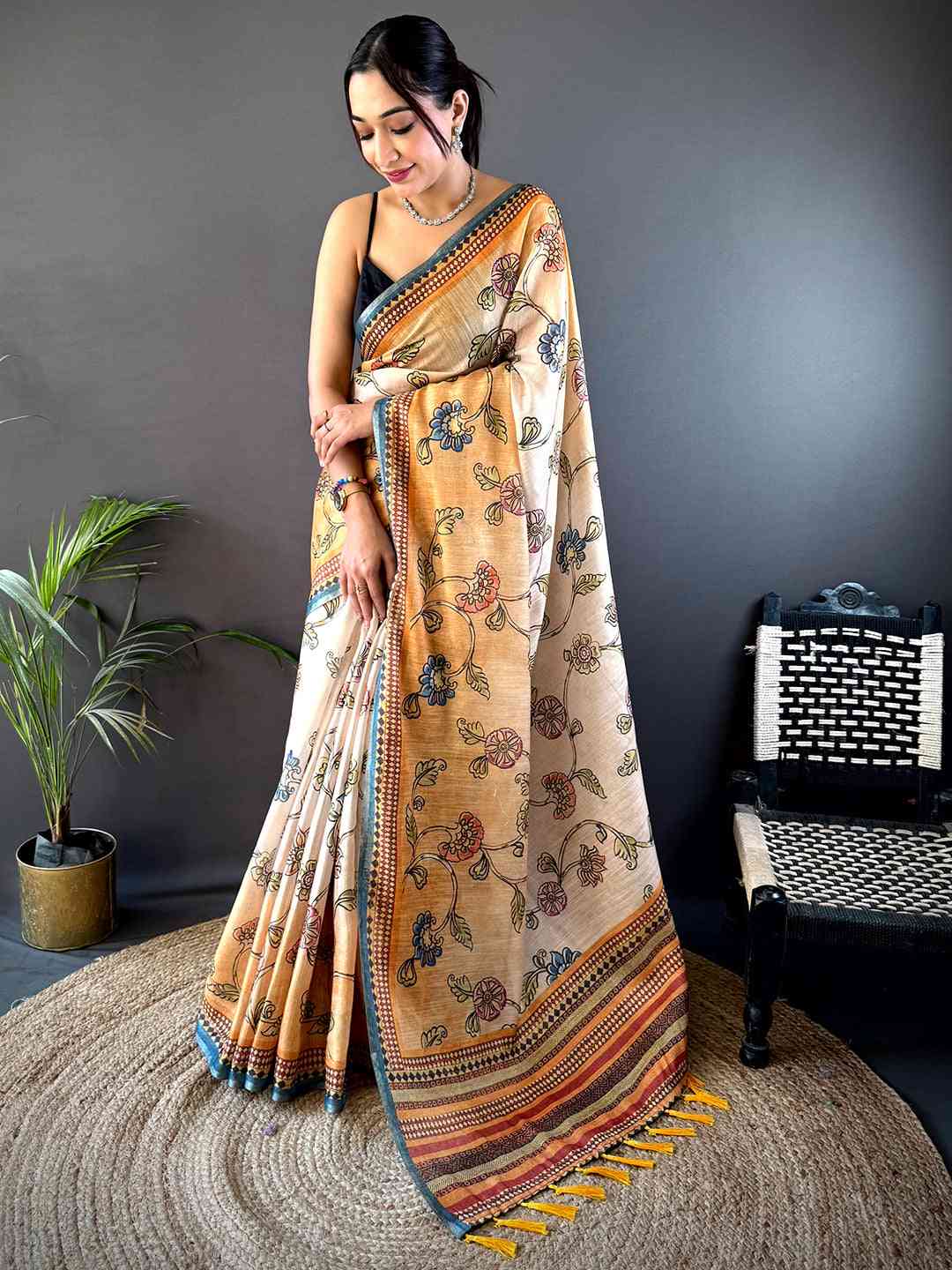 Radiant Orange Zari Tussar Floral Saree