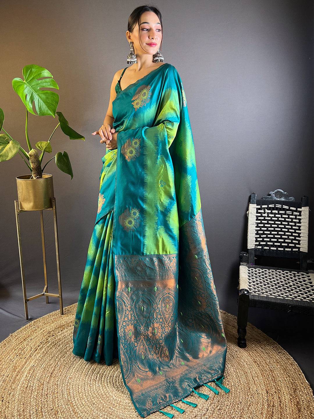 Parrot Green Tussar Silk Ikkat Weaving Saree