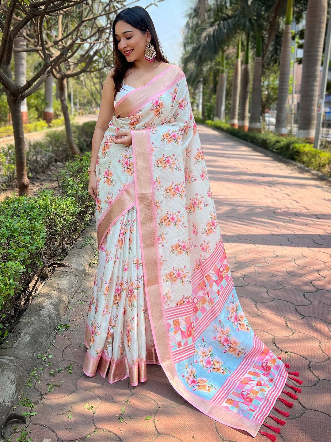 Light Peach Kota With Digital Floral Printed Saree