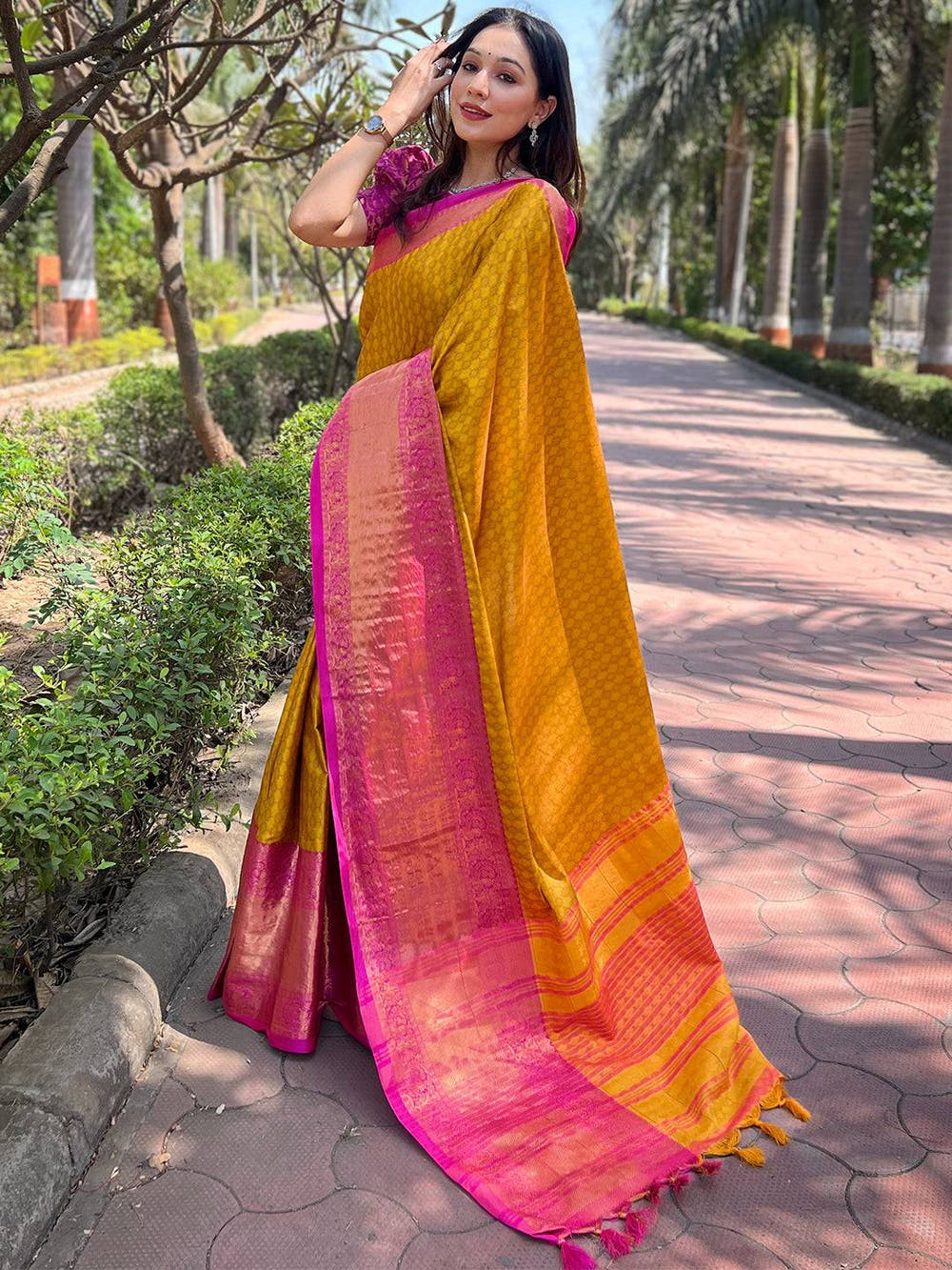 Mustard Colour Kanjivaram Aura Soft Silk Saree With Broced Zari Blouse