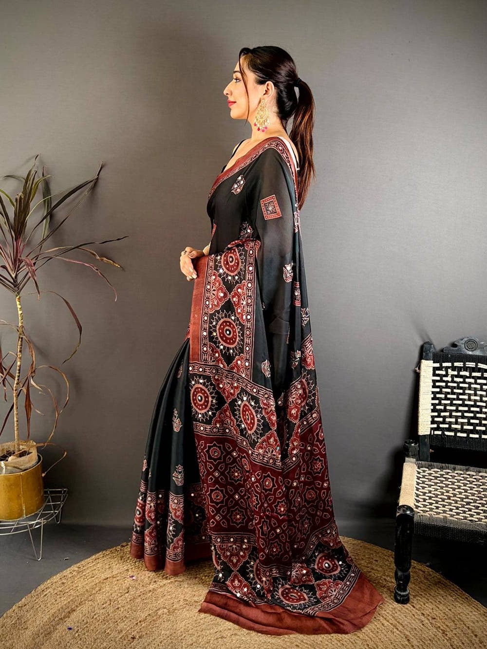 Vibrant Ajrakh Print Mirror Work Saree