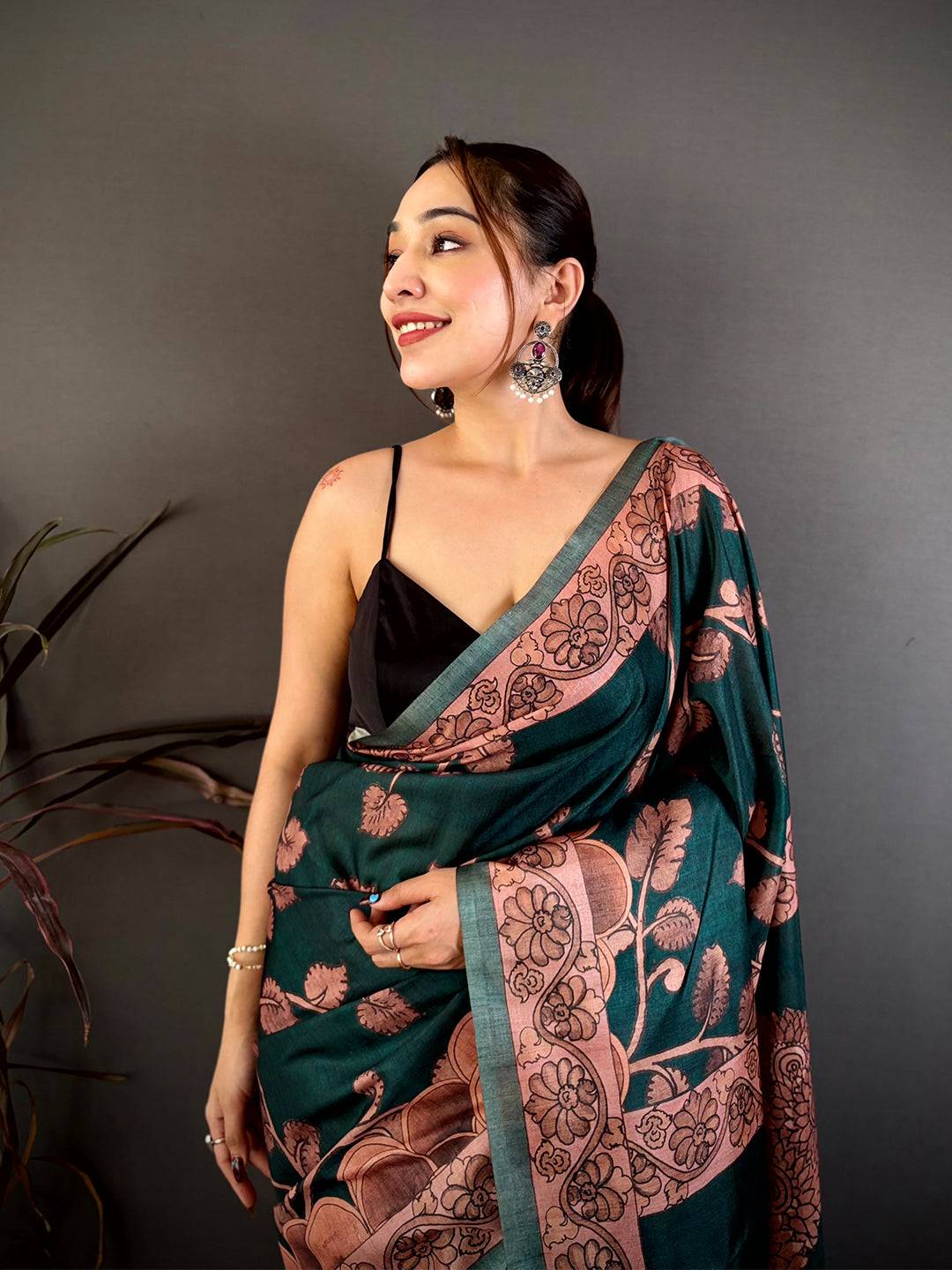 Teal Soft Tussar Kalamkari Print Saree