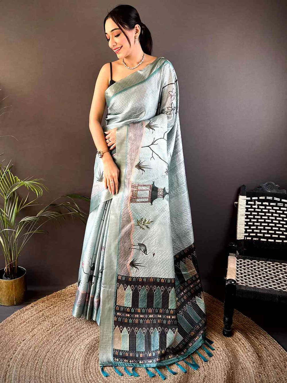 Powder Blue Tussar Chex Japanese Print Saree