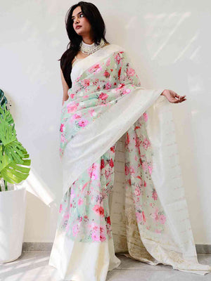 Multi Colour Digital Print Bollywood Saree in Lakhnavi Slub Pattern