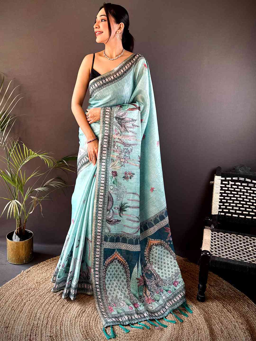 Sky Blue Tissue Floral Leaf Print Saree