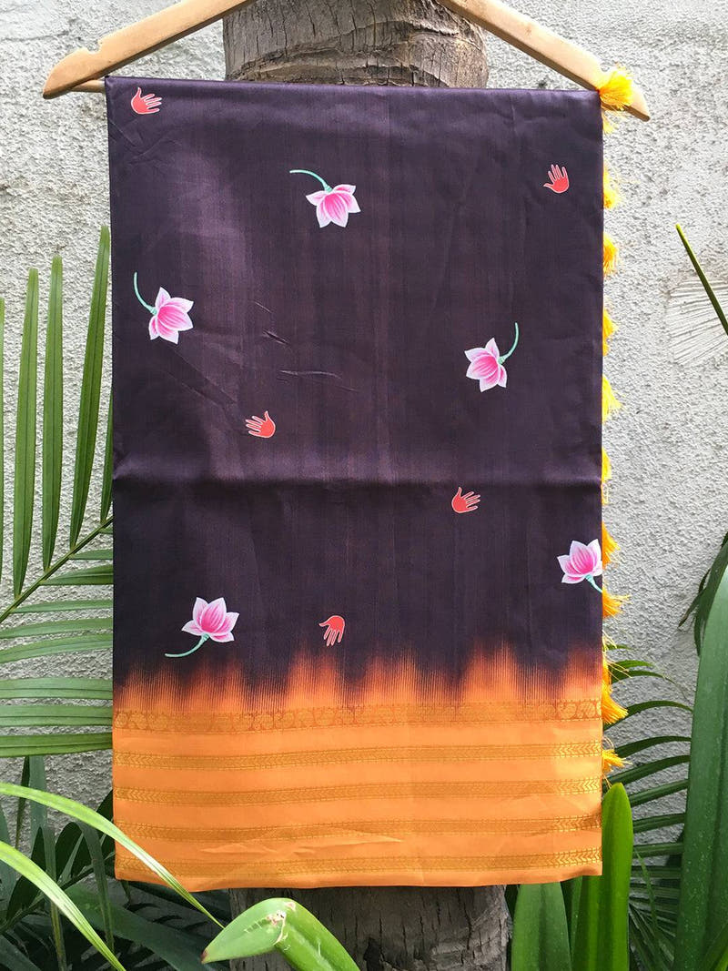Lotus Print Wine Silk Saree