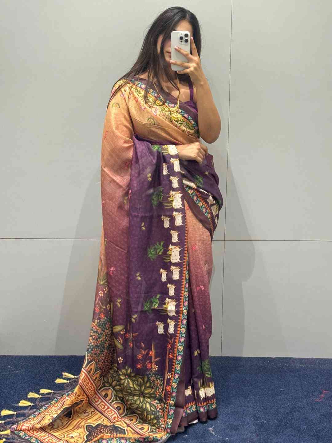 Soft Linen Ombre Pichwai Printed Purple Colour Saree