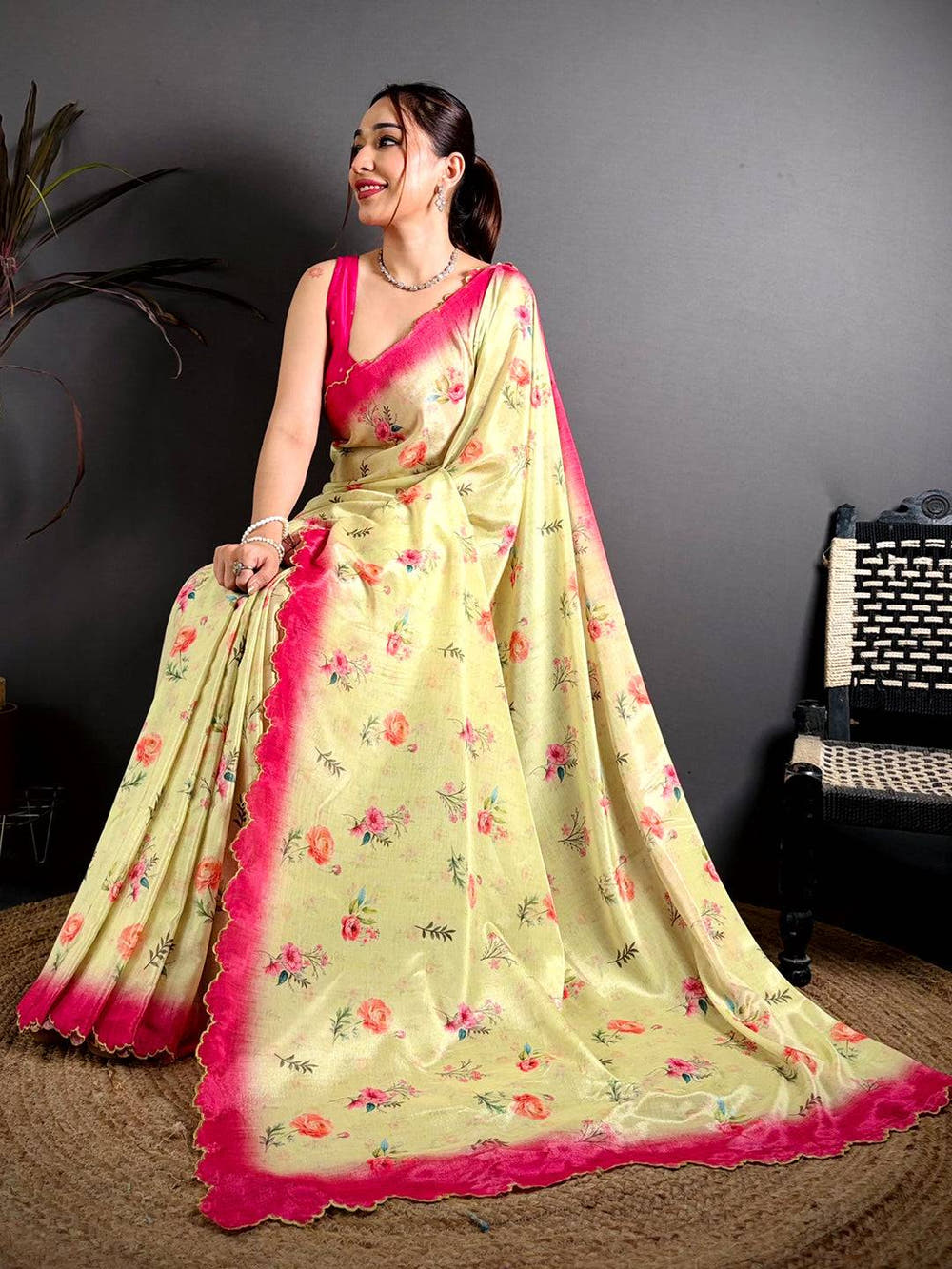 Yellow Chinnon Embroidered Border Saree