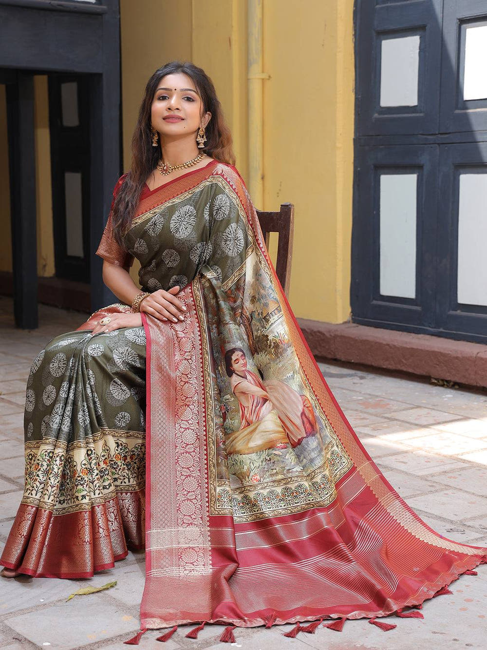 Olive Pure Viscose Dola Silk Saree With Kalamkari And Mughal Print - Luxe