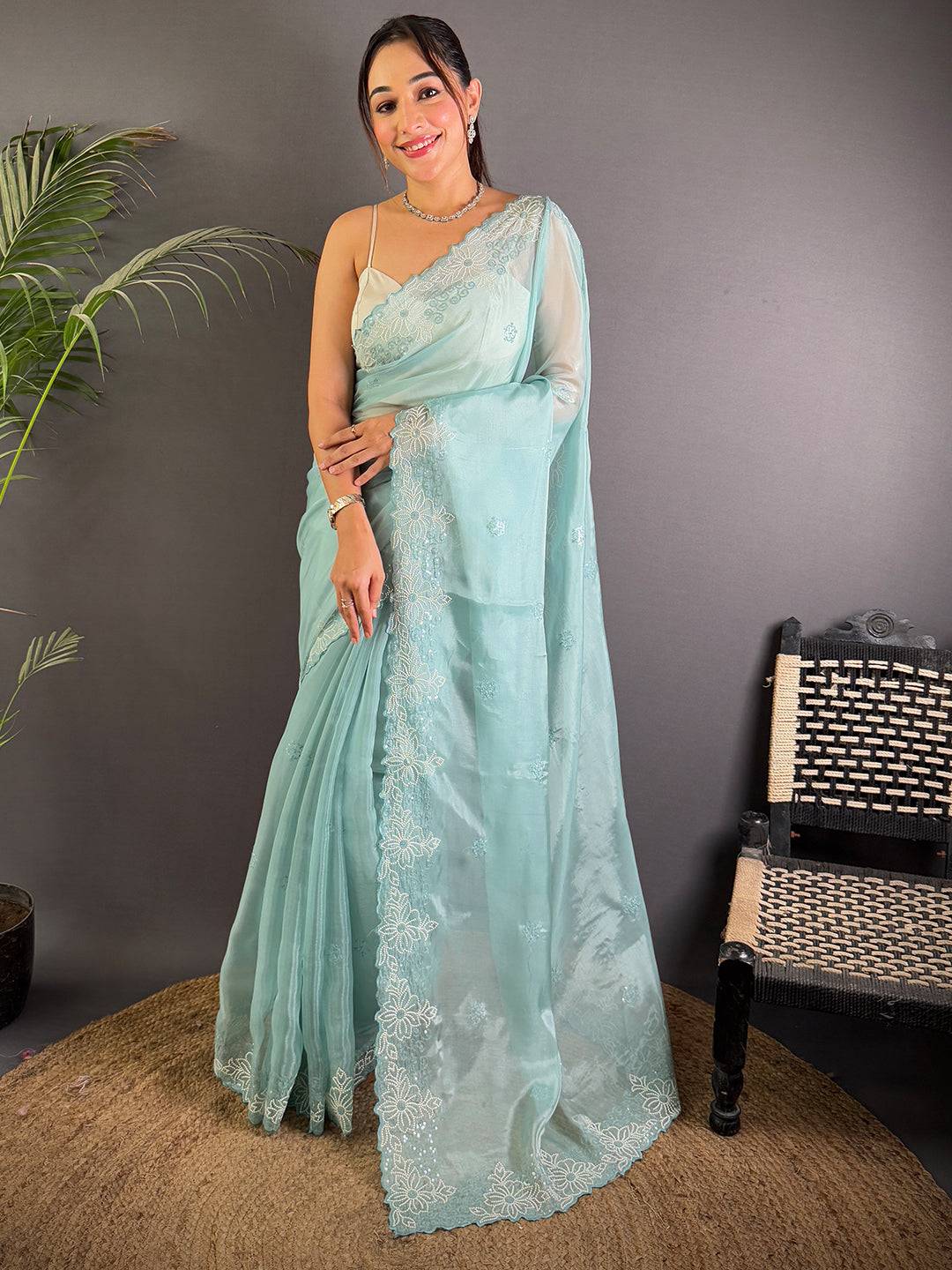 Sky Blue Art Silk Sequence Work Saree