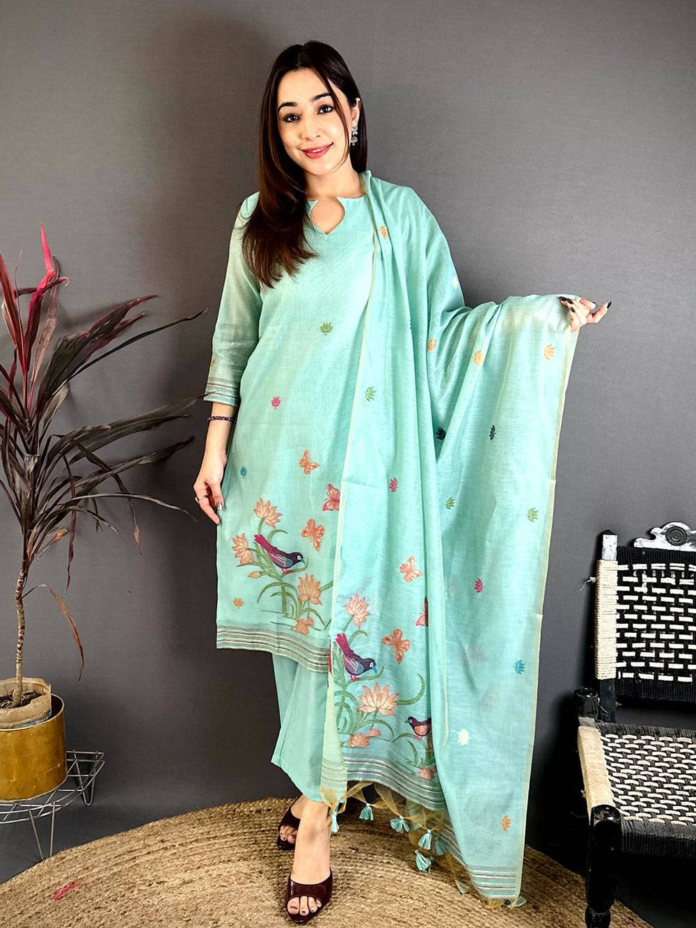 Mint  Green  Woven  Floral  Dress