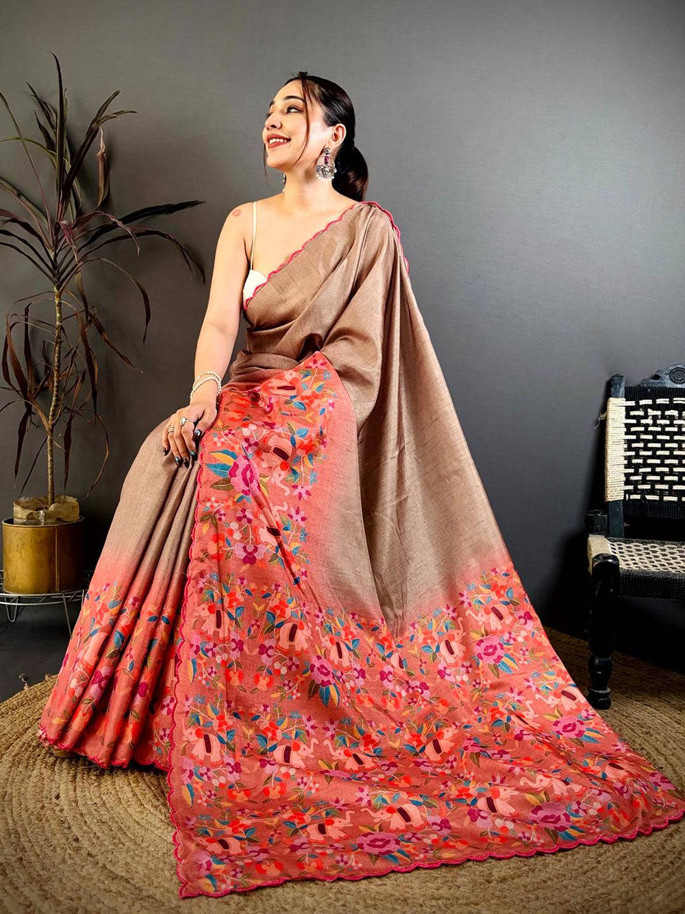 Brown Bird Print Tussar Festive Saree