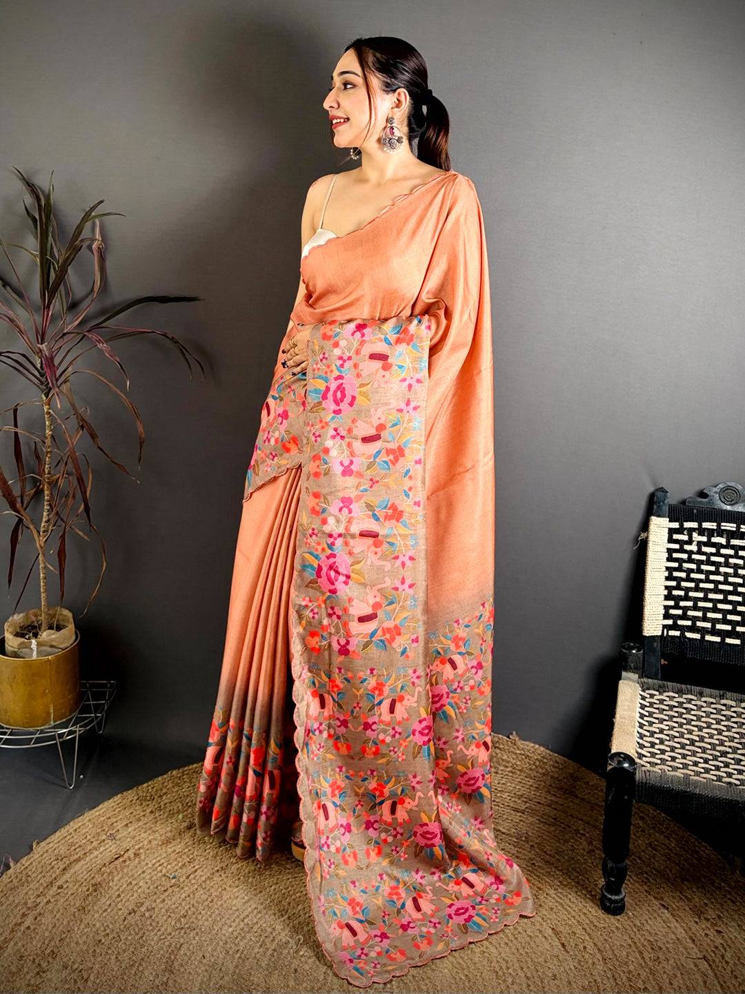 Peach Bird Print Tussar Festive Saree
