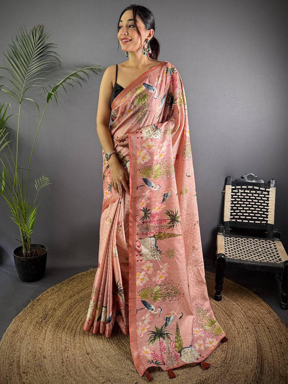 Rose Pink Pichwai Print Tussar Silk Saree