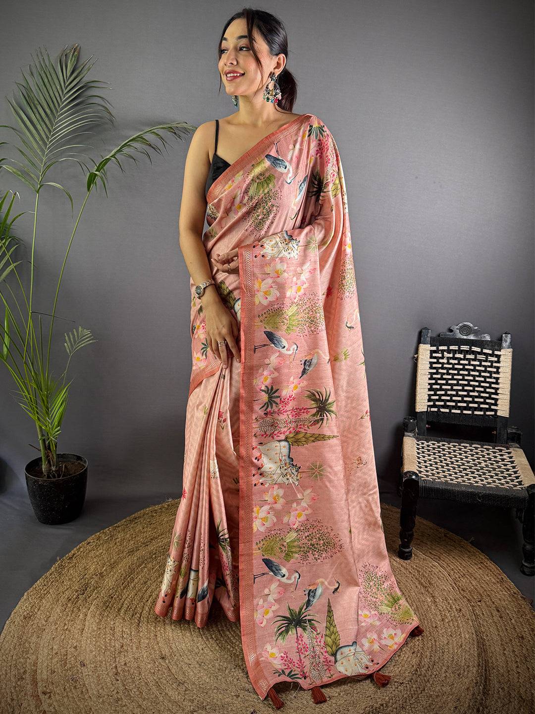 Rose Pink Pichwai Print Tussar Silk Saree