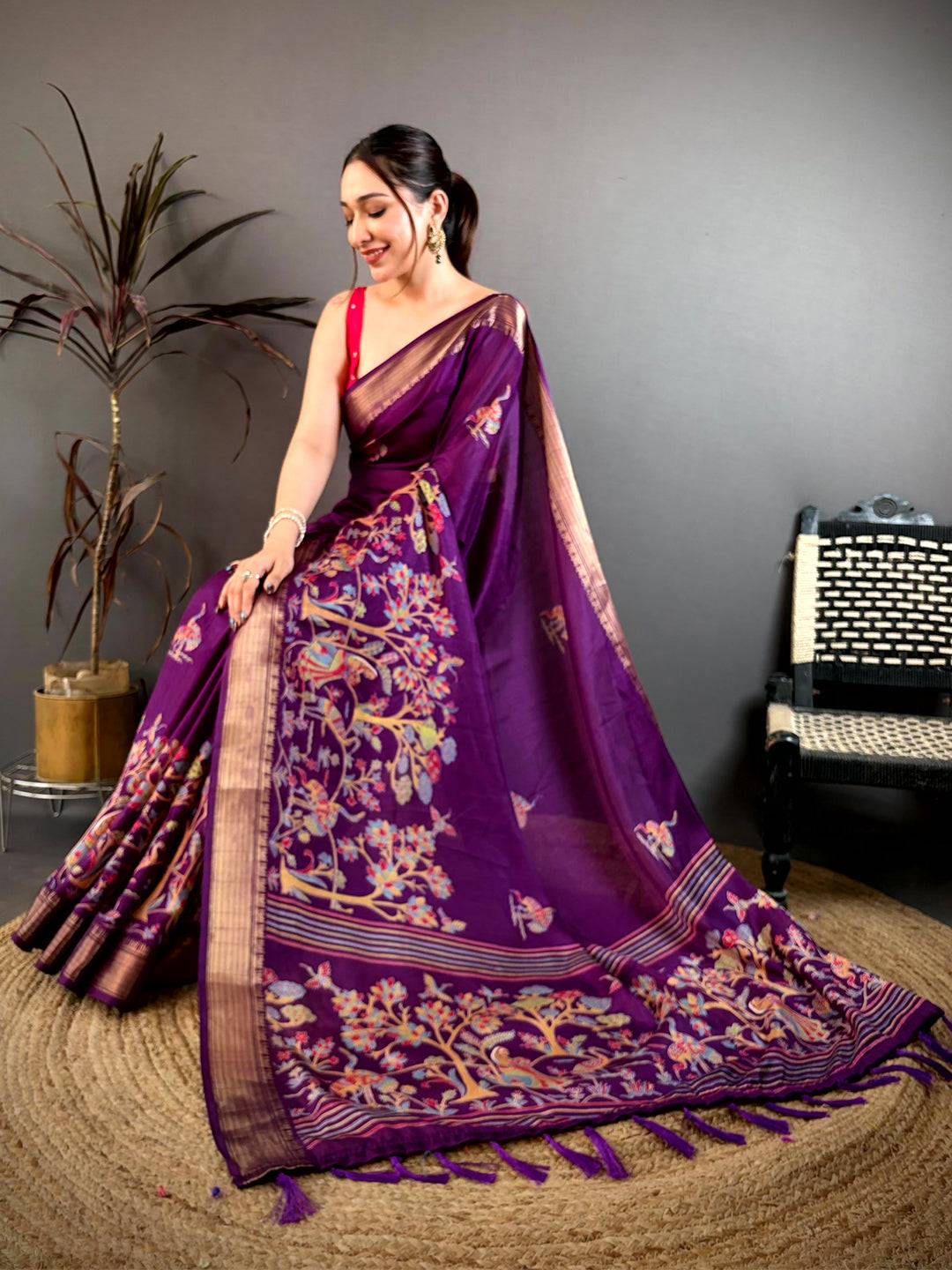 Dark Purple Shade Printed Dola Silk Saree