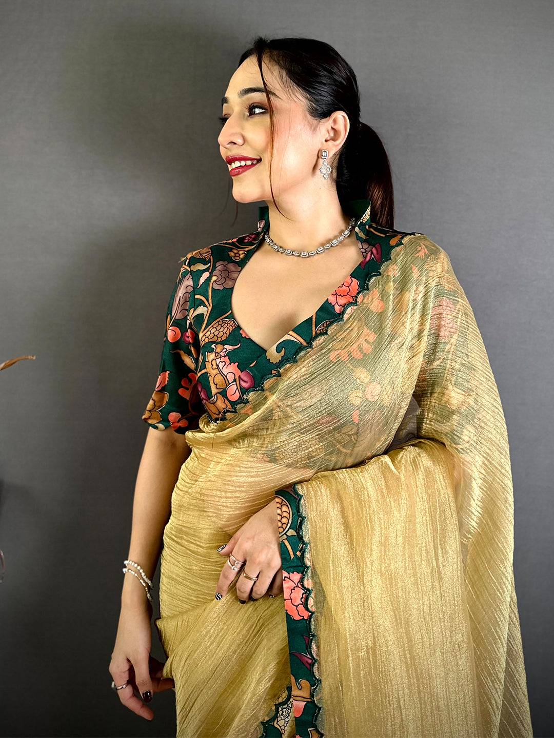 Opulent Contrast Printed Blouse Silk Saree