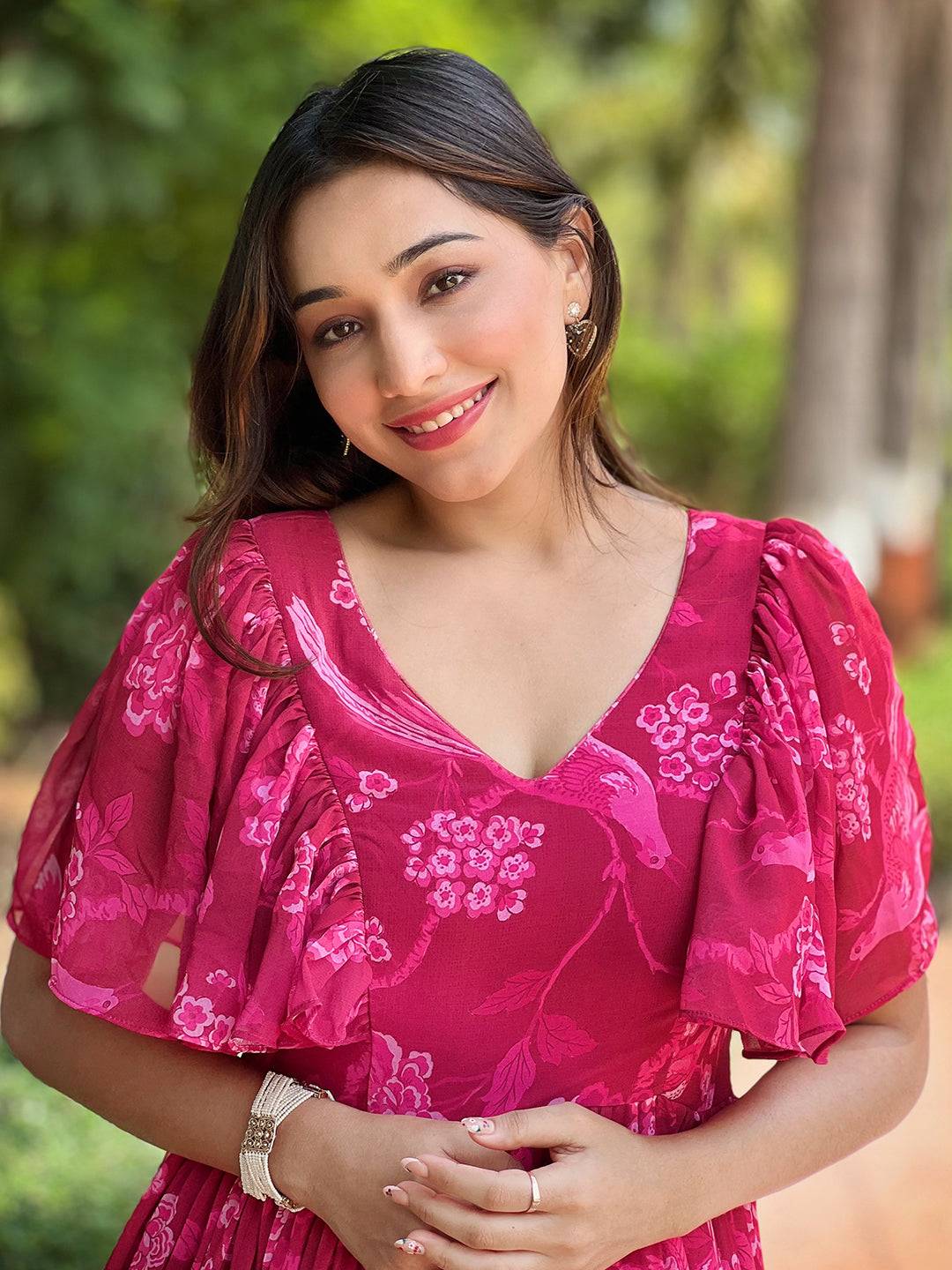 Pink Peony V-neck Flary Dress