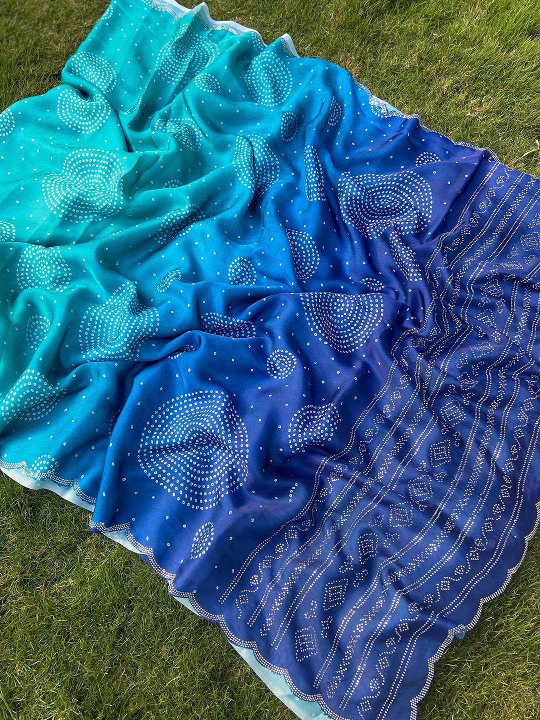 Turquoise Ombre Bandhej Georgette Silk Saree