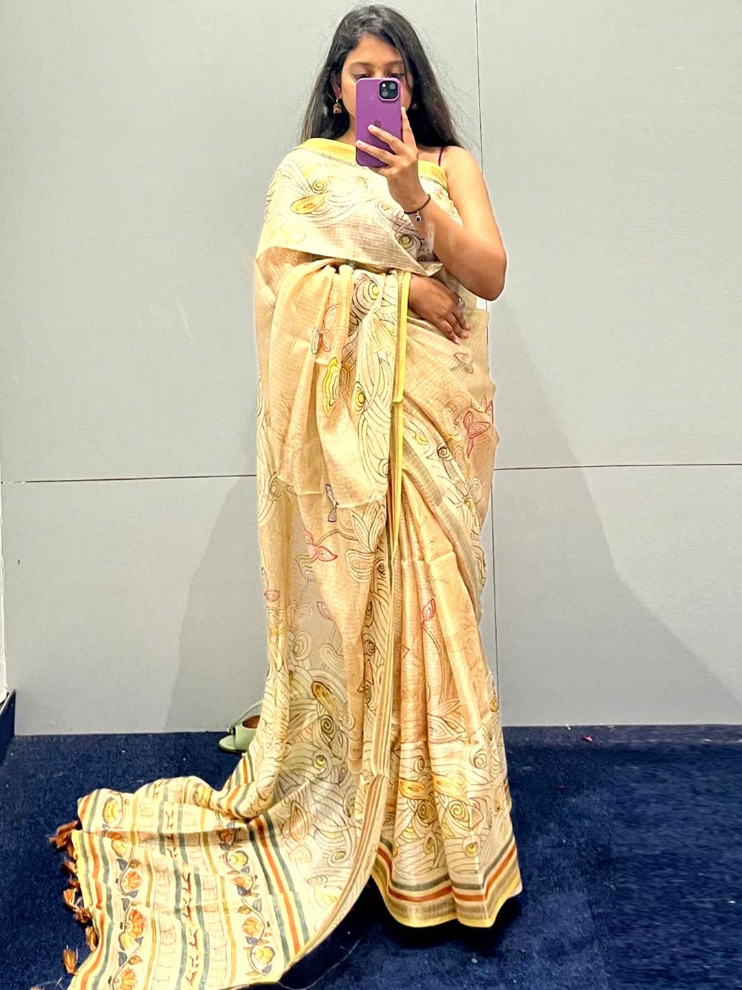 Yellow Kota Doriya Silk Saree With Floral Kalamkari Print
