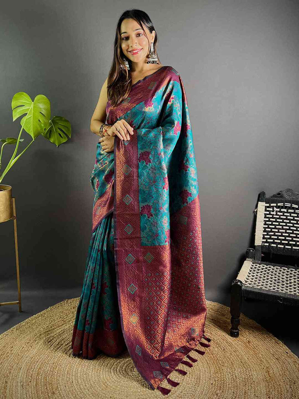 Teal Soft Silk Butta Weaving Saree