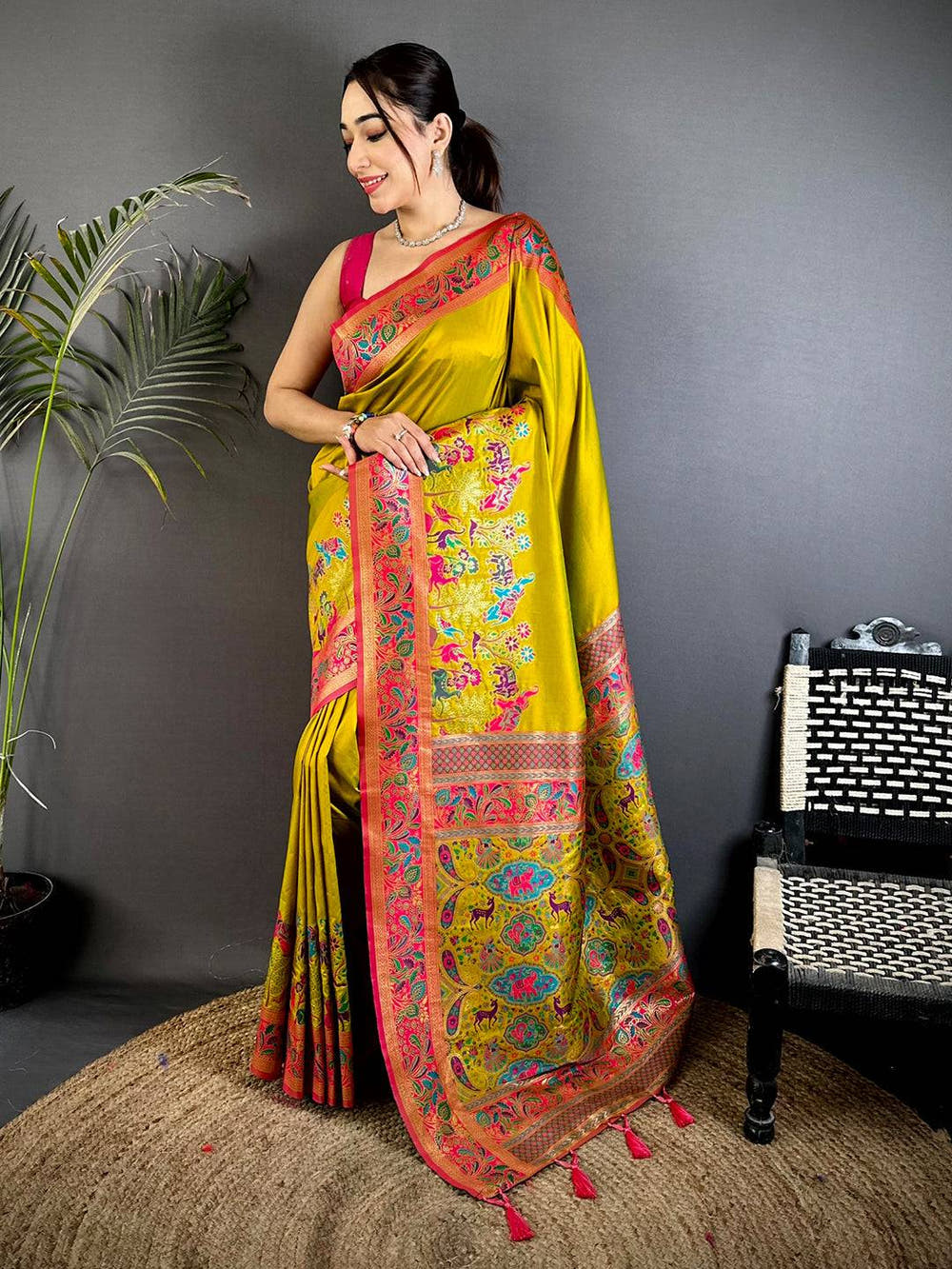 Green Soft Semi Silk Minakari Weave Saree