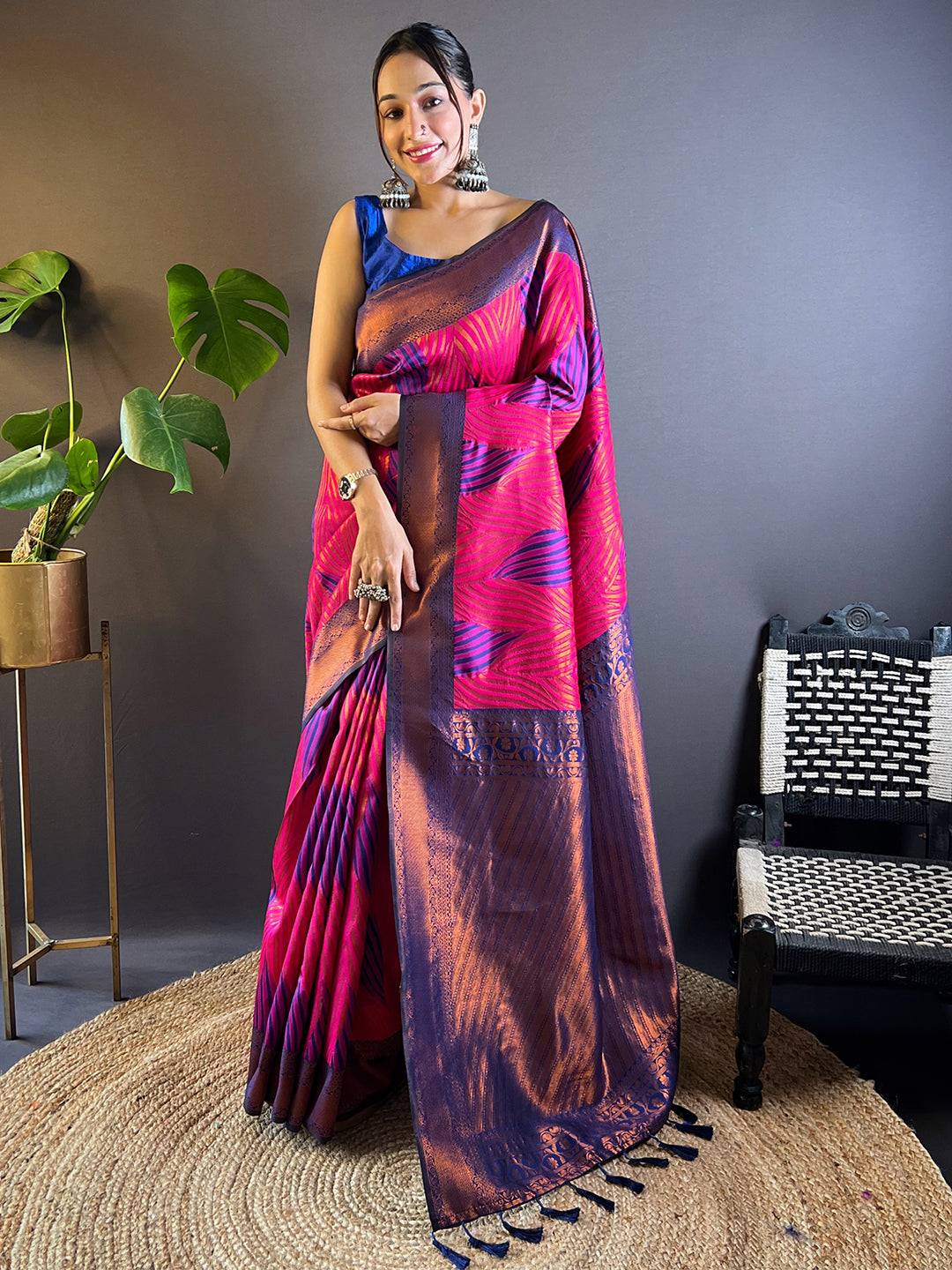 Rani Tussar Silk Zari Weaving Ikkat Saree