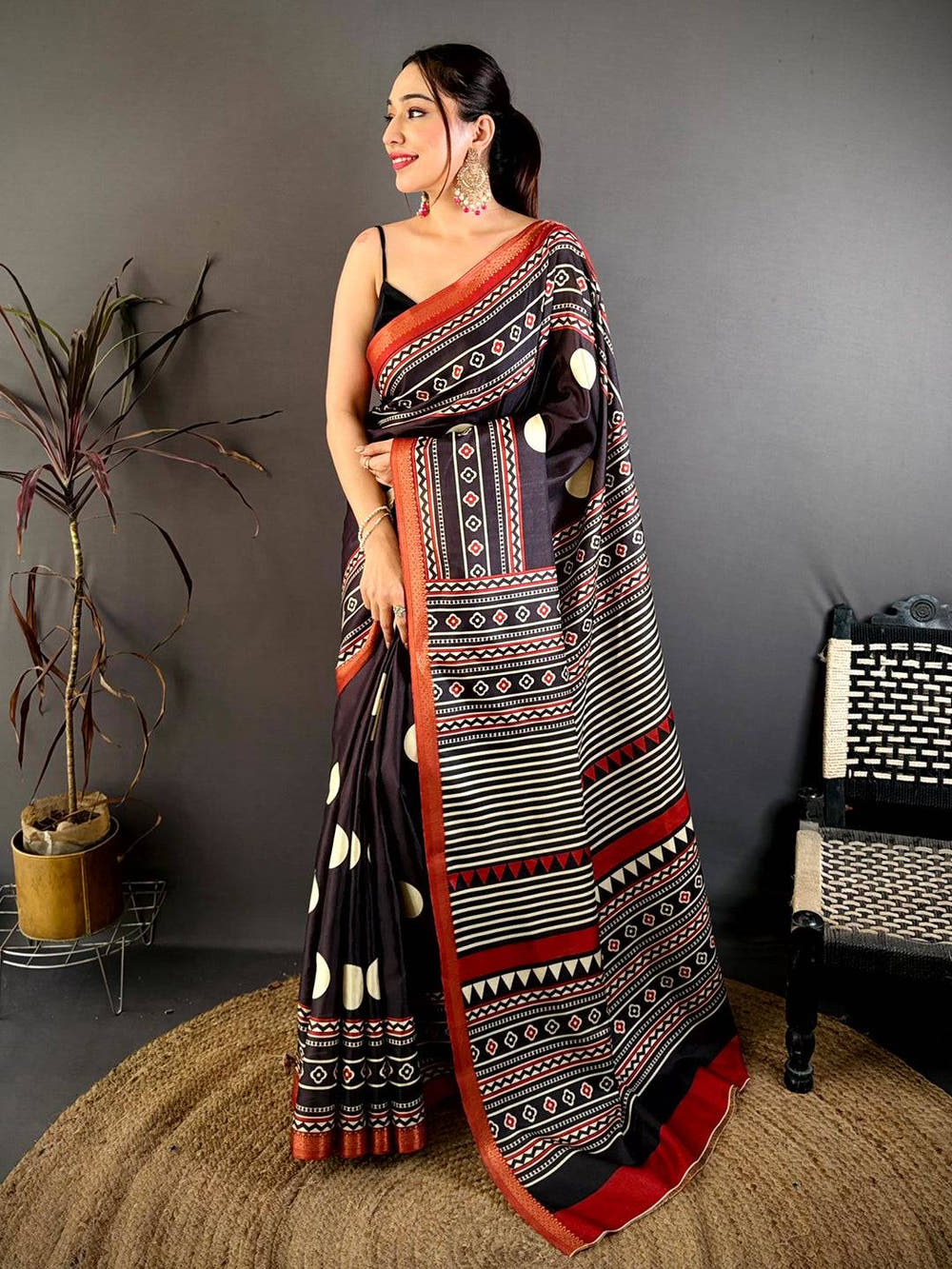 Exclusive Block Ajrakh Print Soft Tussar Saree