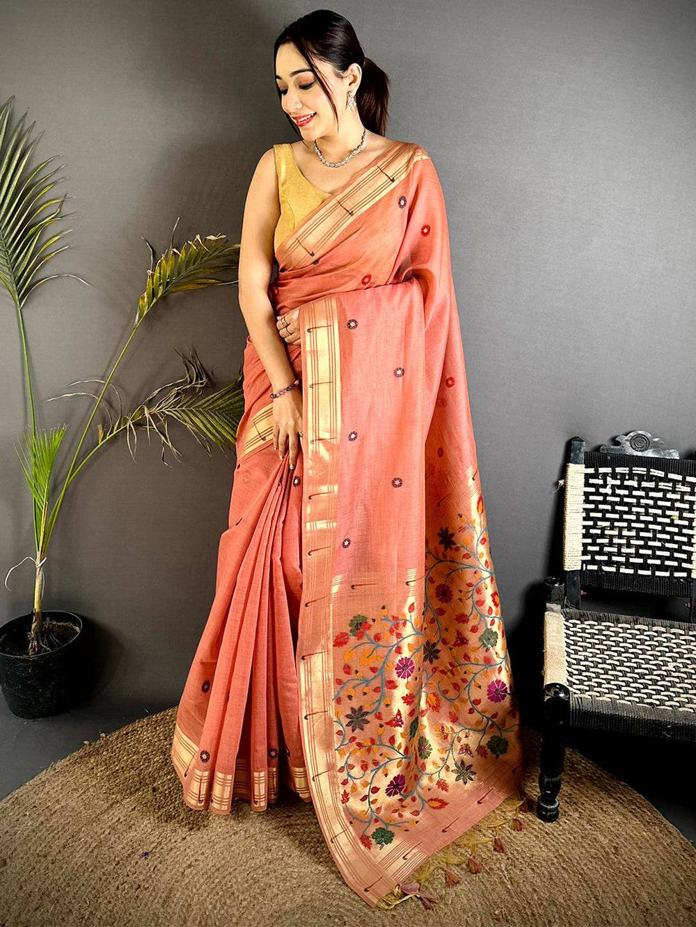 Aura Peach Minakari Butti Linen Saree