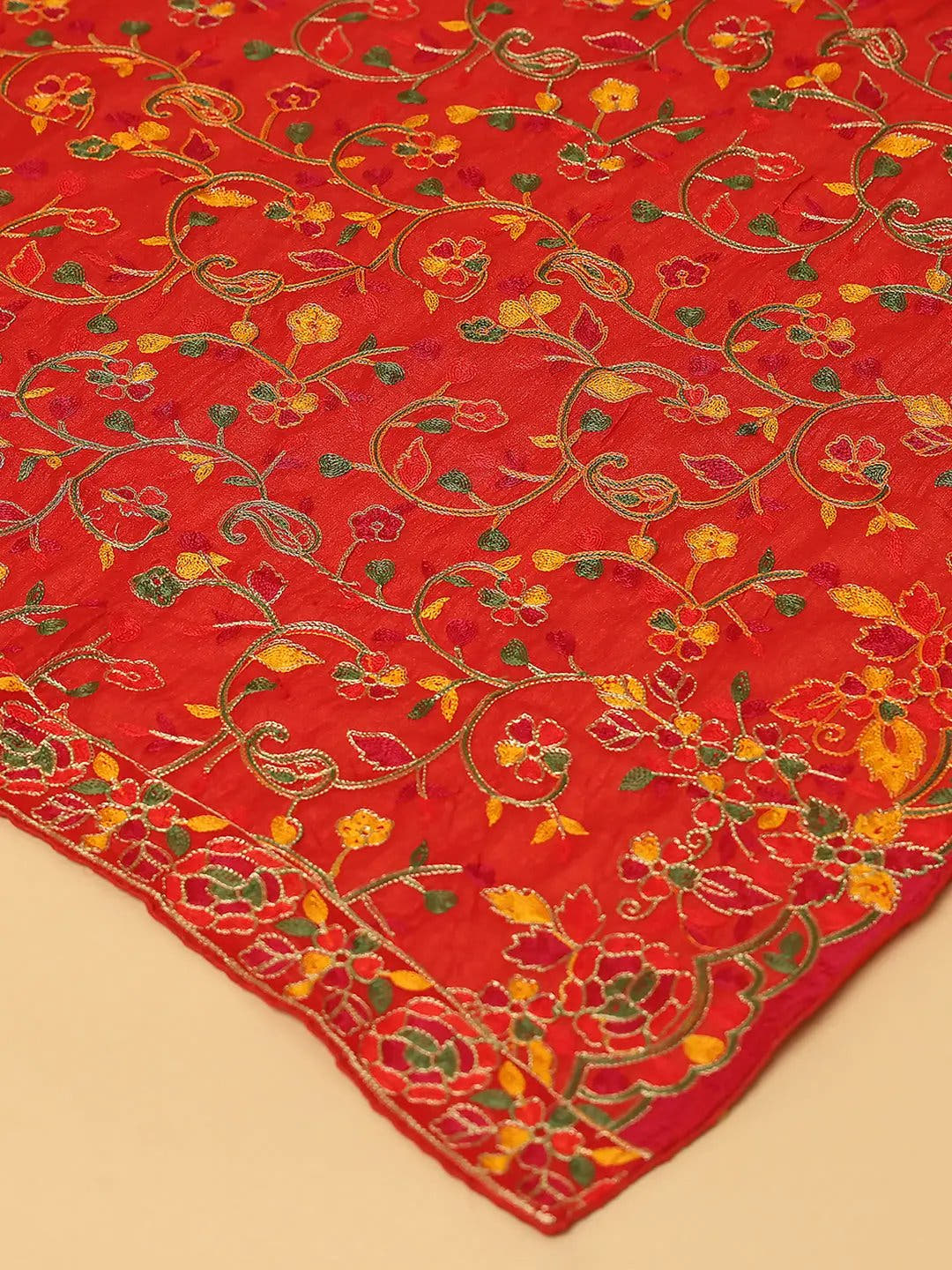 Red Scattered Multicolour Pashmina Dupatta