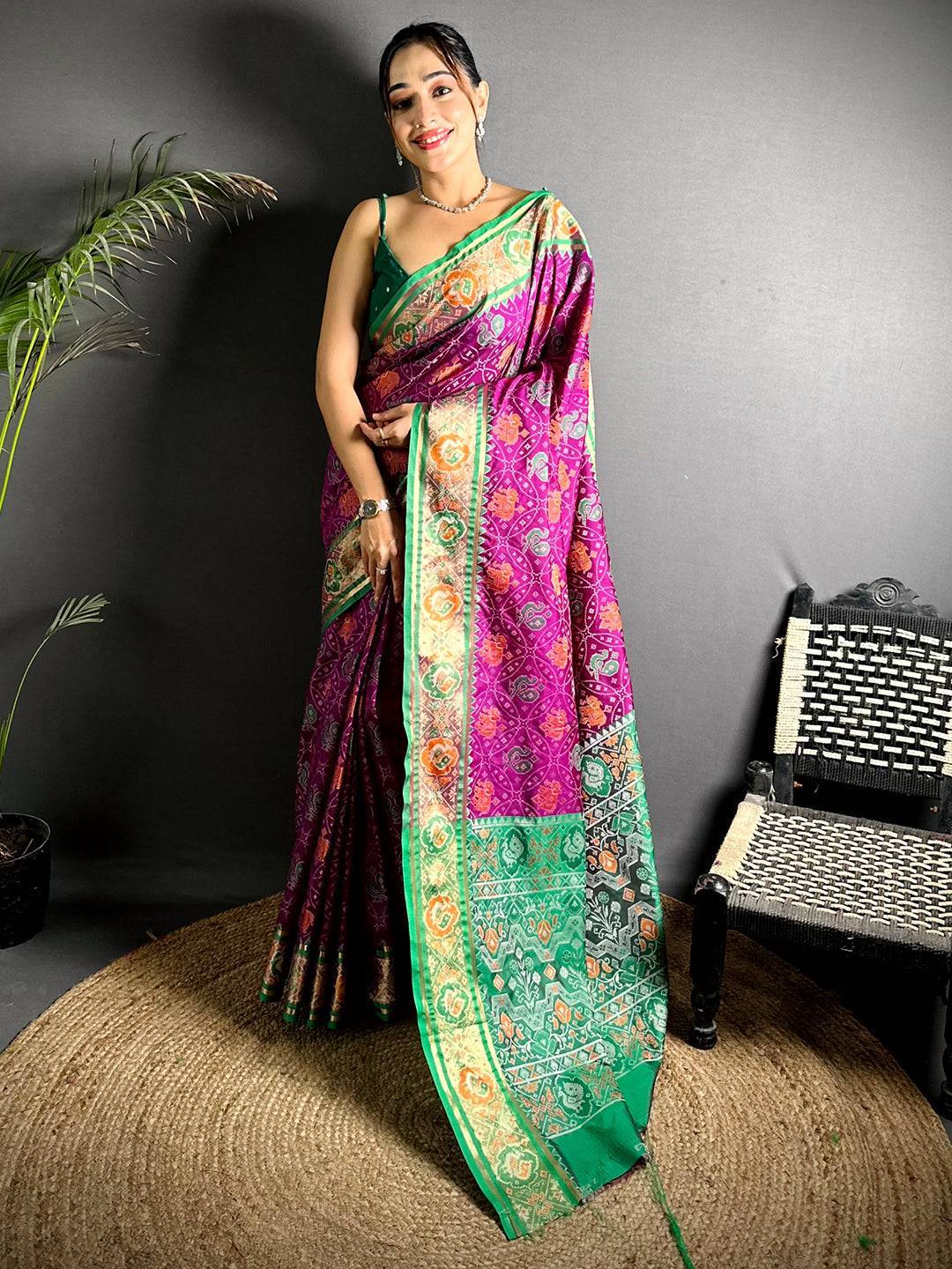 Elegant Wine Pochampally Patola Silk Saree