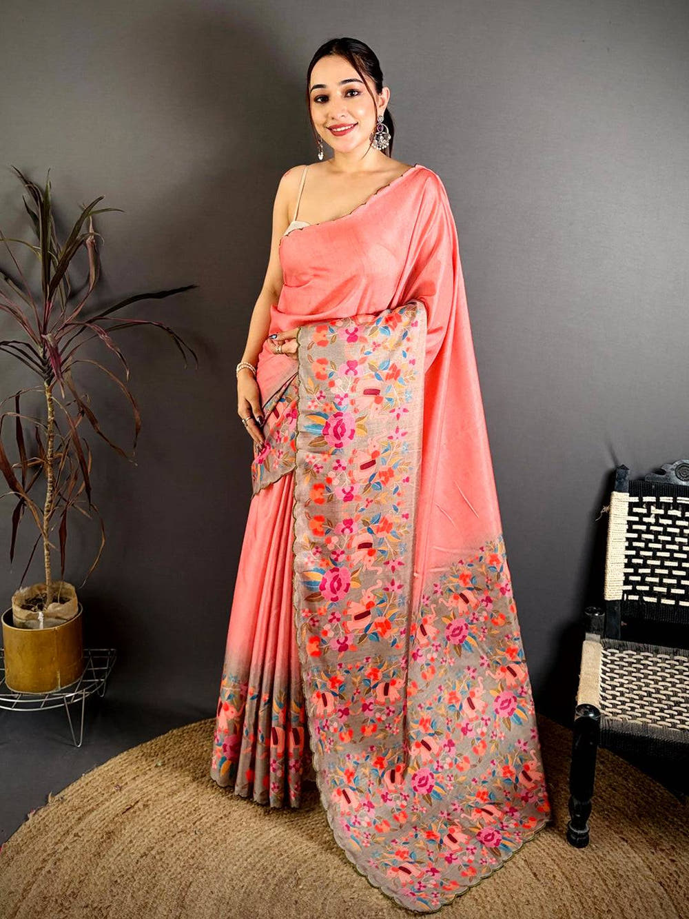 Coral Bird Print Tussar Festive Saree