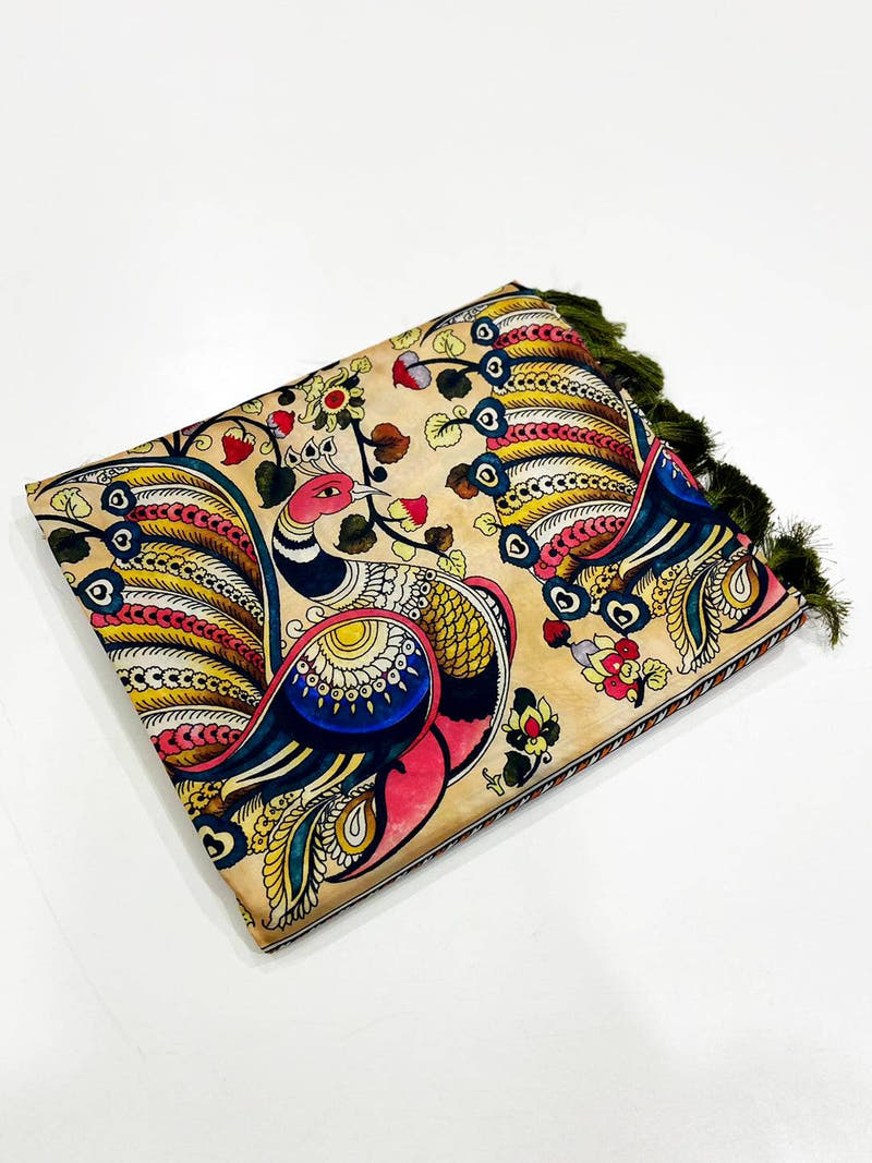 Olive Kalamkari Digital Print Pattu Saree