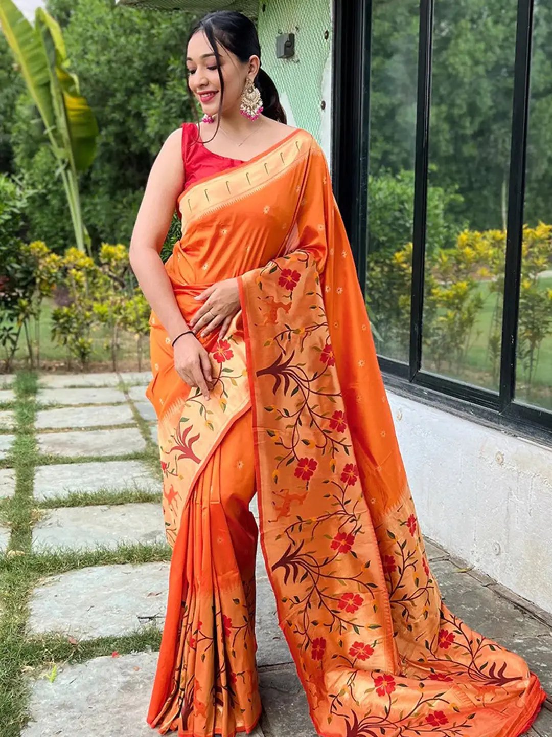 Orange Colour Paithani Big Border Woven Saree