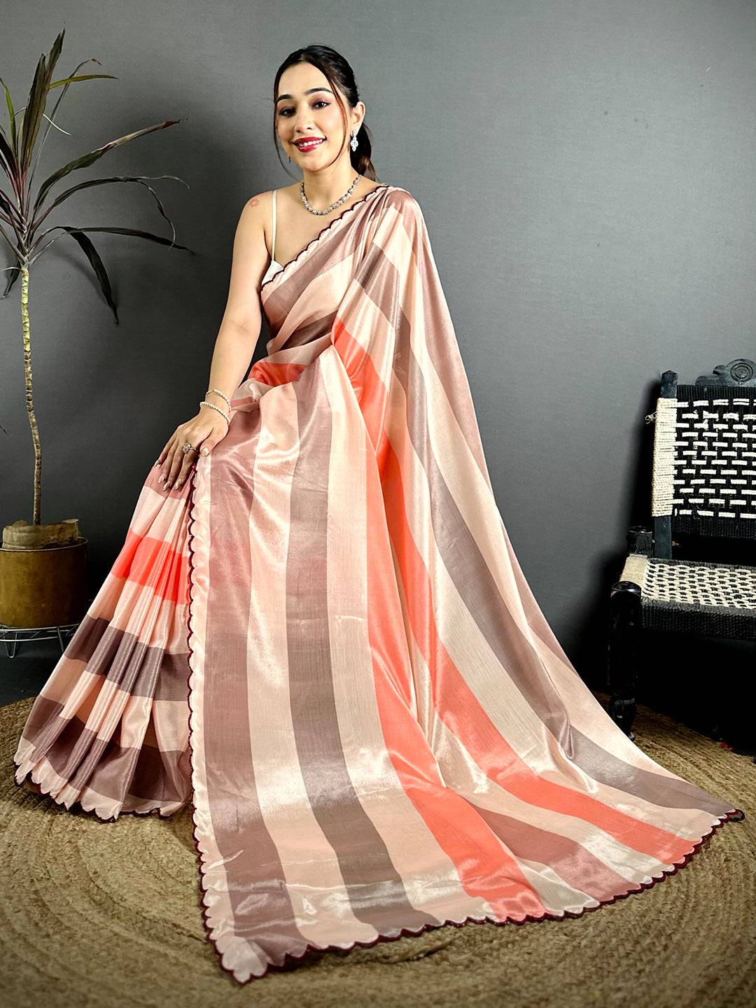 Classic Soft Chiffon Striped Cutwork Saree