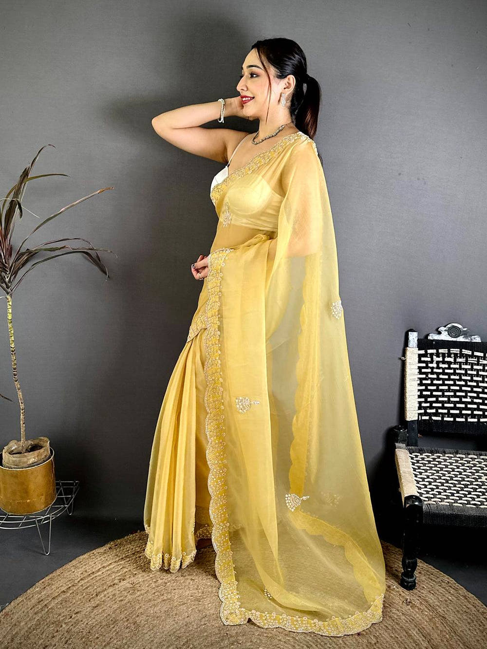 Yellow Pearl Zarkhond Chiffon Tissue Saree
