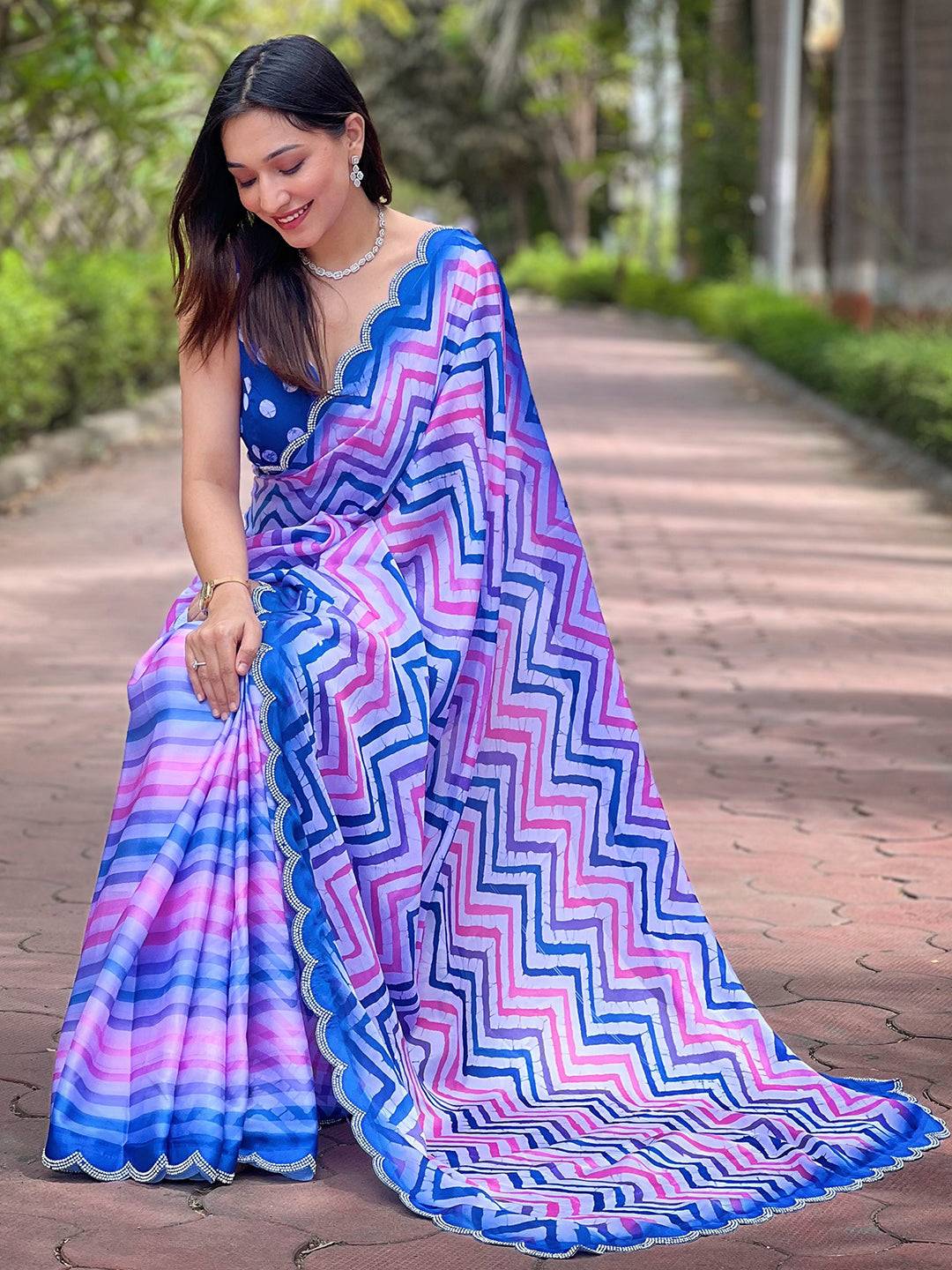 Stylish Leheriya And Striped Print Saree