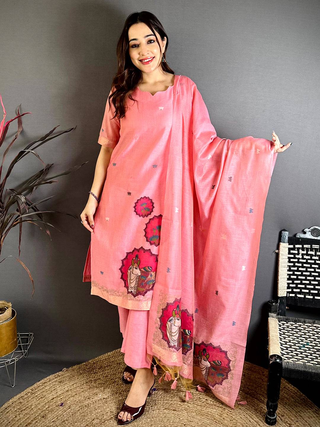 Coral  Pink  Floral  Weave  Dress