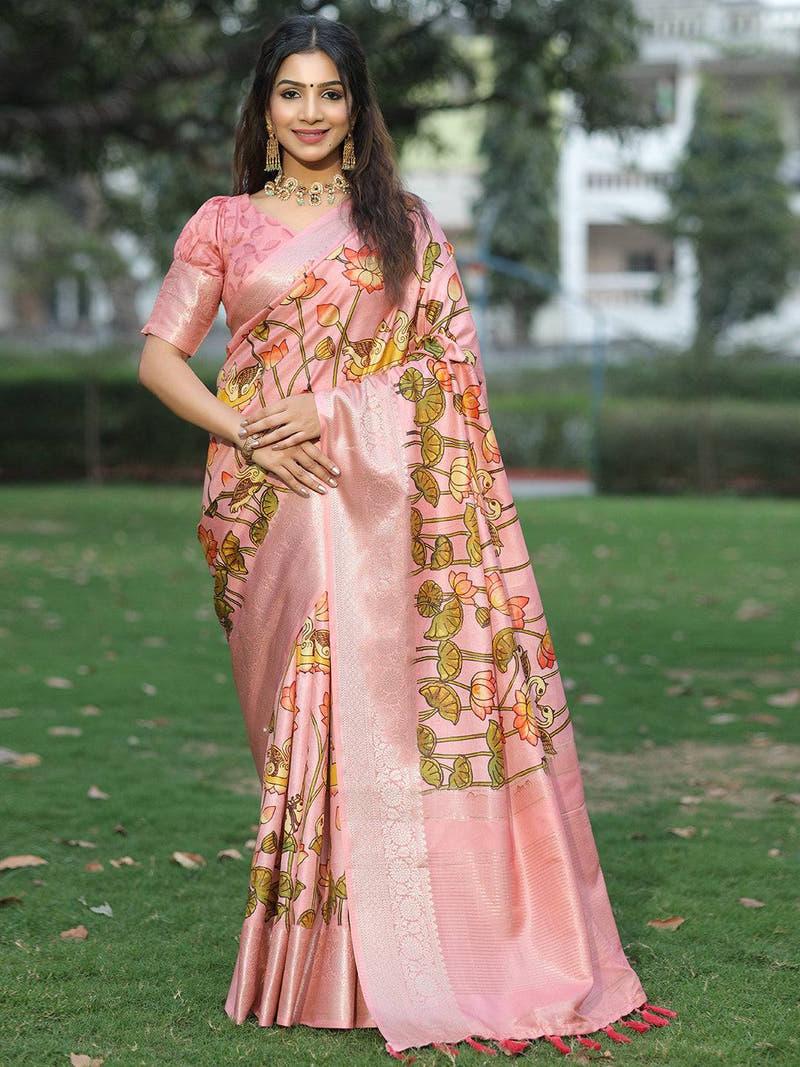 Pink Pure Viscose Dola Silk Saree With Pichwai And Mughal Print - Luxe