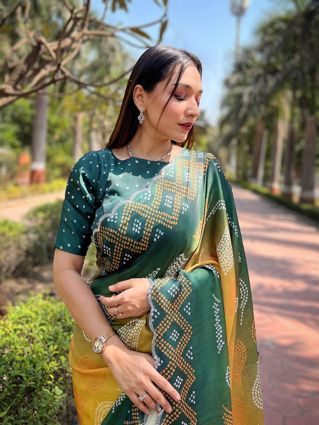 Yellow Ombre Bandhej Georgette Silk Saree
