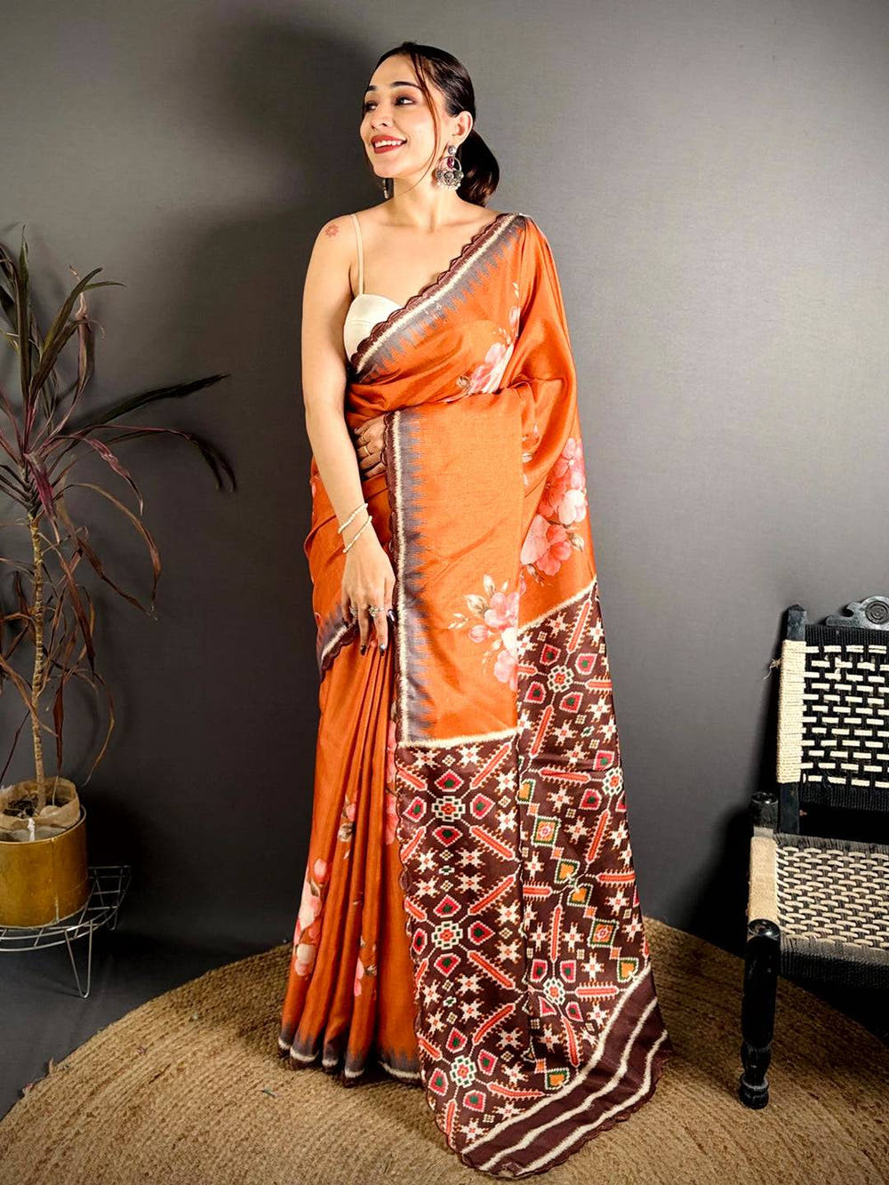 Rust Orange Tussar Ikkat Patola Saree