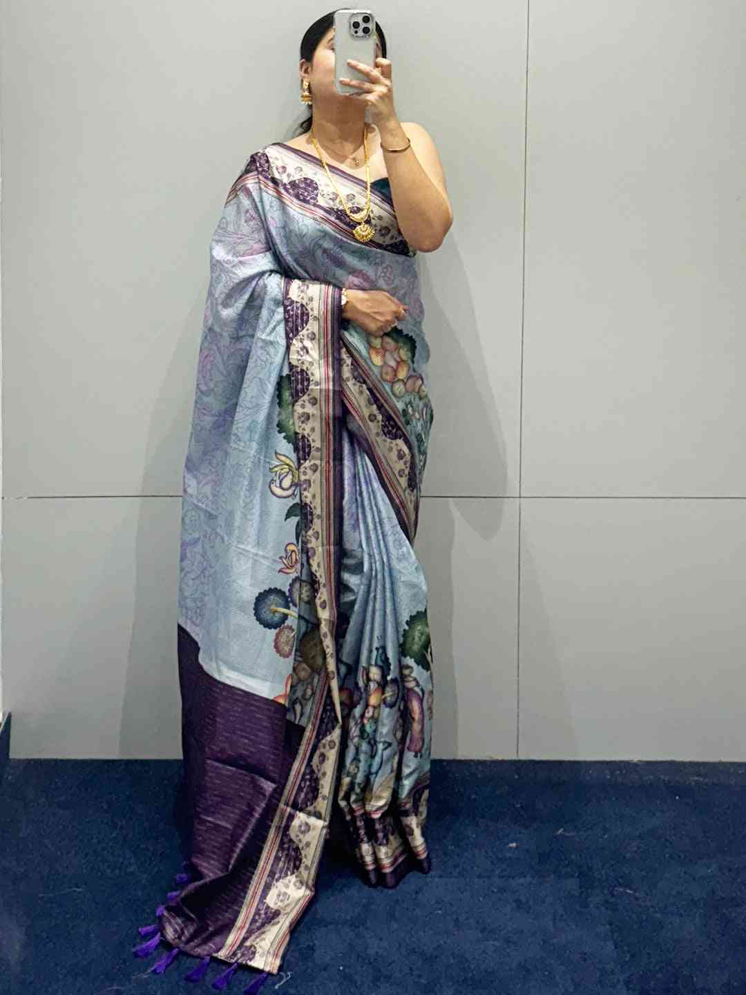 Lavender Colour Satin Kota Doria Digital Kalamkari Zari Pallu