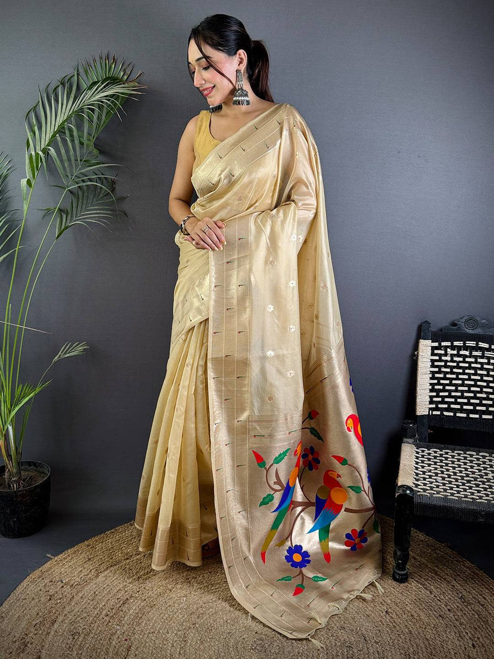 Cream Minakari Weave Soft Organza Paithani Saree